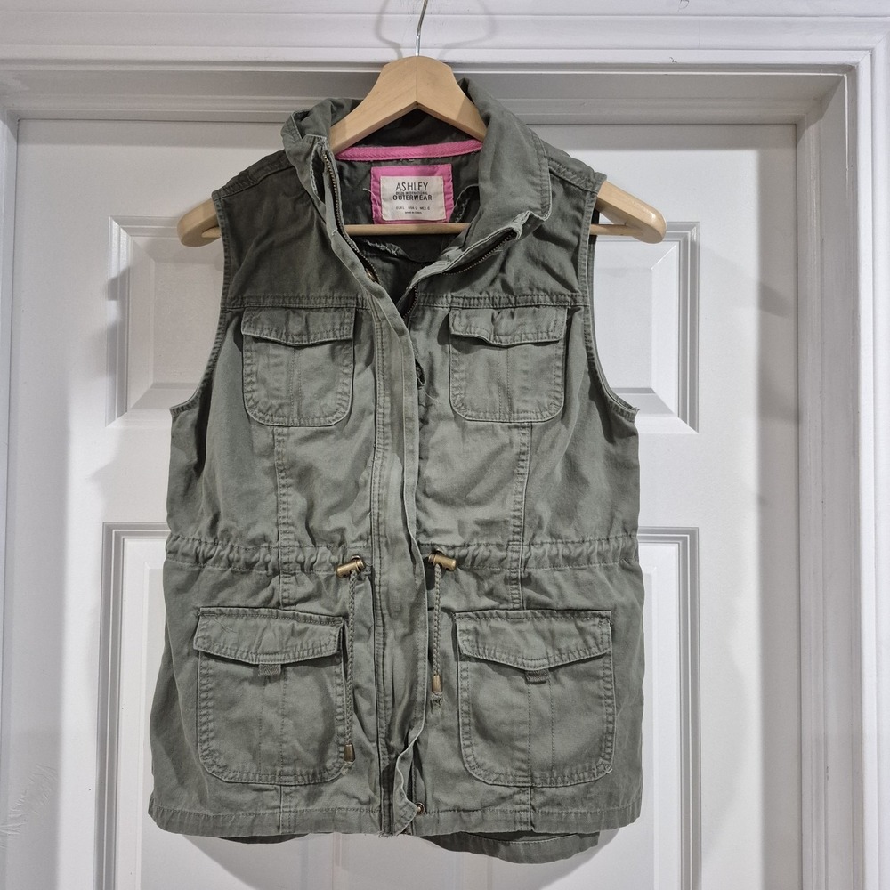 Ashley 24 Intl Vest Womens Large Army Green‎ Full Zip Utility Cargo Military